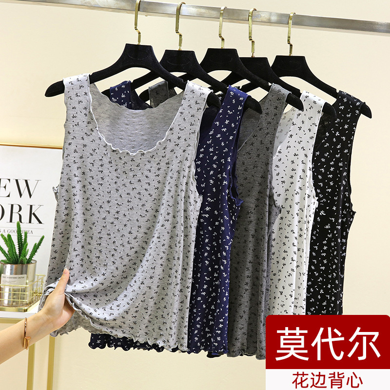 Modal Floral Vest Women's Summer Round Neck Lace Sling Anti-penetration Top with plus size Sleeveless Thin Base Shirt