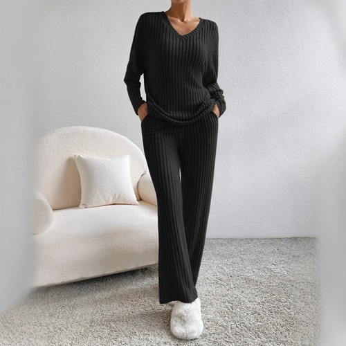 Set of Two Women's 2025 Autumn Fashion Casual Straight Leg Pants with Elegant Loose V-Neck Knit Top