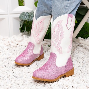Girls Princess Boots 2024 Autumn and Winter New Little Girl fleece-lined Warm Boots Children's Embroidered Western Boots
