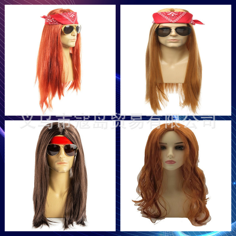 Halloween 60S-70S Retro Punk Hippie Orange Long Straight Hair Wig Golden Men's Rock Punk Hairpiece