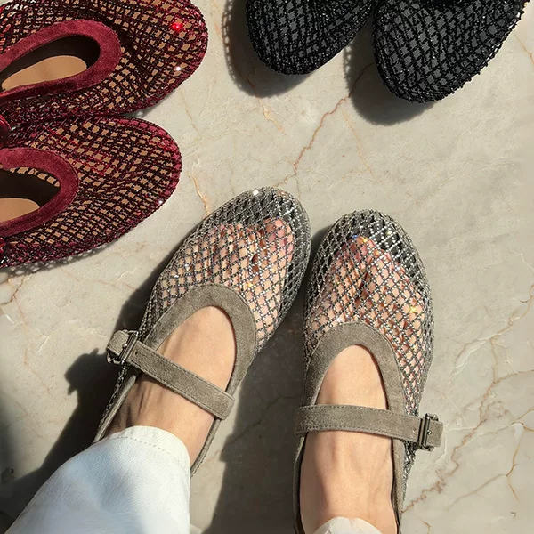Soft Leather Version~Hollow-Out Rhinestone Closed-Toe Sandals for Women 2026 New Style Fishnet Shoes Breathable Woven Mary Jane Slippers