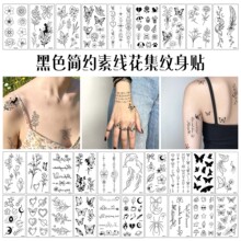 跨境新款暗黑蝴蝶纹身贴 英文花朵小图黑色系ins风小清新贴纸定制