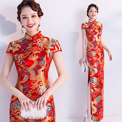 Red dragon Chinese dresses qipao host for a toast to the bride performance shows the etiquette show dress cheongsam wholesale 