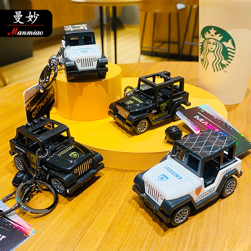 Genuine Internet Celebrity Mini Jeep Pull-Back Police Car Model Key Chain Pendant Exquisite Car Key Chain Small Gift Wholesale