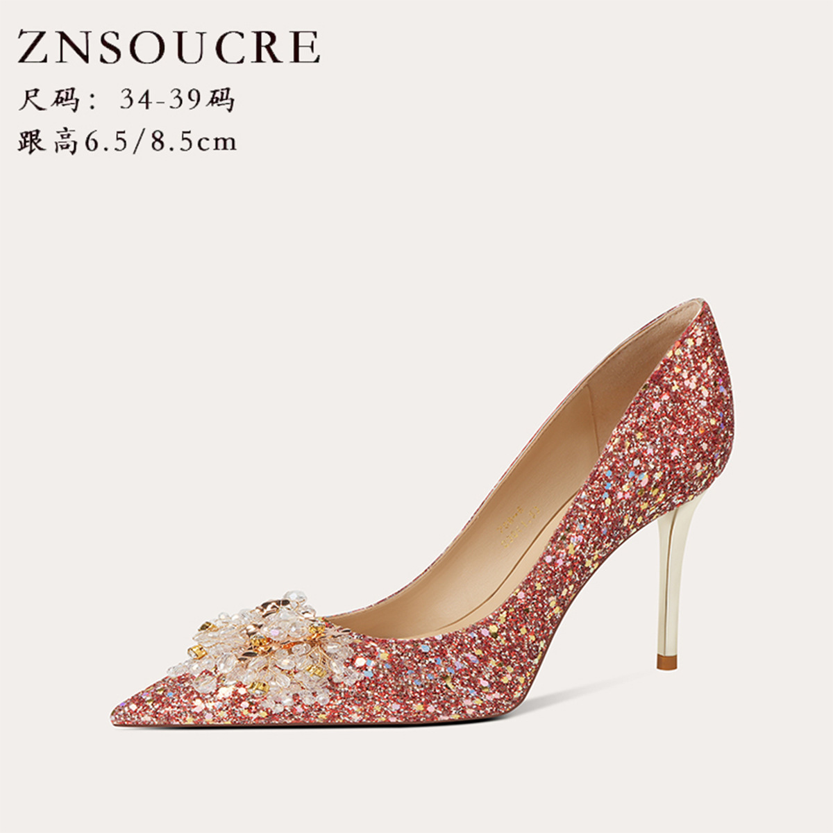 [Sheepskin] Glitt Pointed Crystal Wedding Shoes French Stiletto Heel Chinese Bride Shoes Red Rhinestone High Heels Women