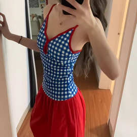 美式甜辣妹纯欲百搭格子V领吊带背心女夏季2025新款绝美无袖上衣