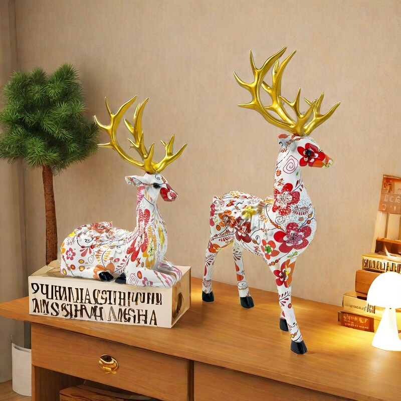 Resin Crafts Water Transfer Printing Colorful Deer Ornaments Couple Wedding Gifts Home Living Room Wine Cabinet Decorations Handmade
