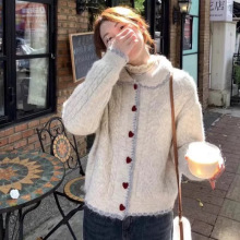 学院风娃娃领针织开衫女秋冬季穿搭宽松软糯长袖毛衣外套内搭上衣