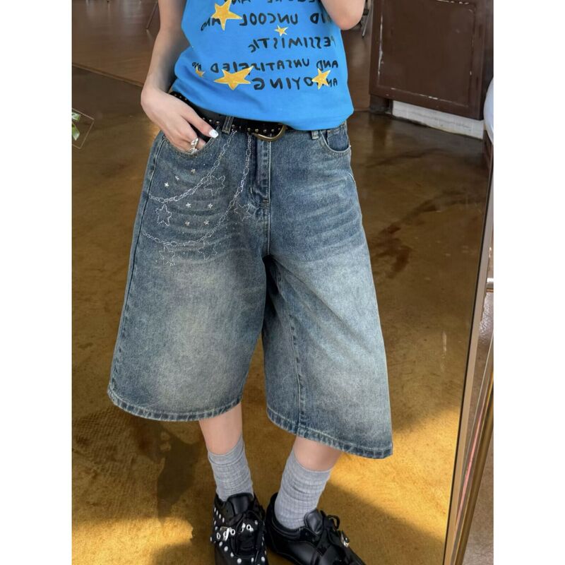 Retro street style bamboo-joint hip-hop design denim shorts for women, summer washed star print with rhinestones, hot girl cropped pants Retro street style bamboo-joint hip-hop design denim shorts for women, summer washed star print with rhinestones, hot girl cropped pants