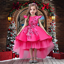 欧美中大女童童装连衣裙无袖绣花拖尾网纱演出走秀花仙子公主礼服