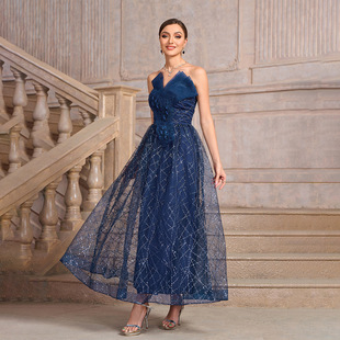 2025 European and American Blue Strapless Mesh Sequin Stitching Large Pendulum Ladies Dinner Dress (Heavy Industry)