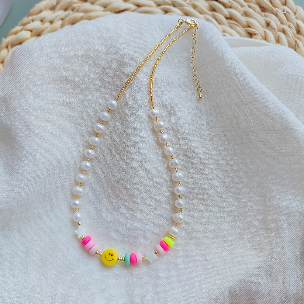 Vacation Smiley Face Flower Resin Freshwater Pearl Copper Necklace In Bulk display picture 1