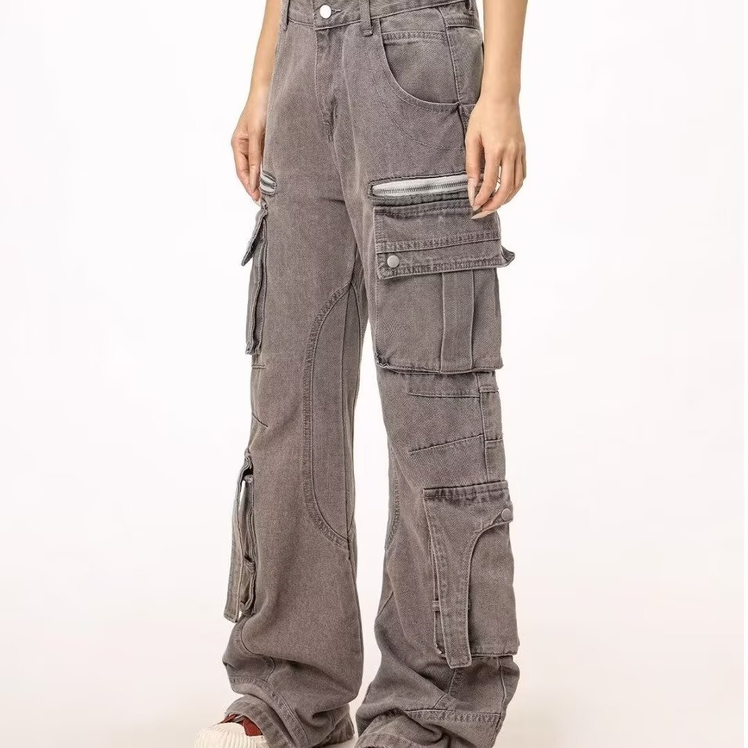 Men's Clothing High Street Streetwear Heavy Duty Cargo Jeans With Multi-Pockets & Zipper Design - Stylish Casual Work Pants In Grey (Sizes M-3XL)_mkmklike.com