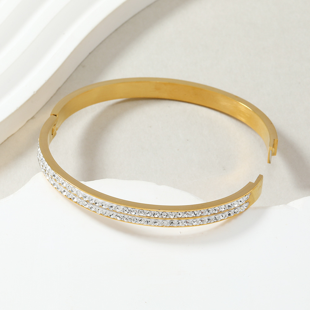 Cross-border Elegante estrellada pulsera de acero de titanio avanzado de dos filas de barro Diamante de diamante incrustado O-tipo hebilla pulsera de acero inoxidable