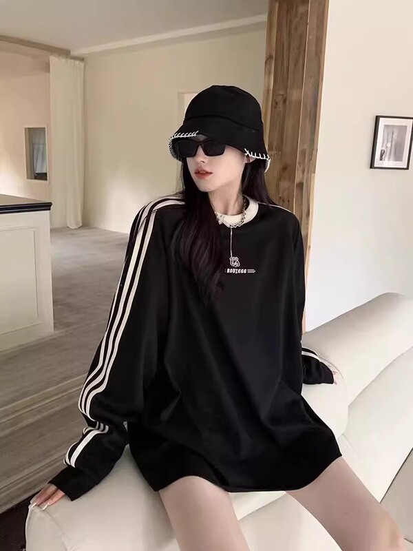 美式潮牌黑色三条杠圆领卫衣女春秋新款设计感宽松插肩男女款上衣|undefined