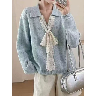 高级感韩版蕾丝蝴蝶结系带毛衣女秋冬设计感温柔风气质翻领针织衫