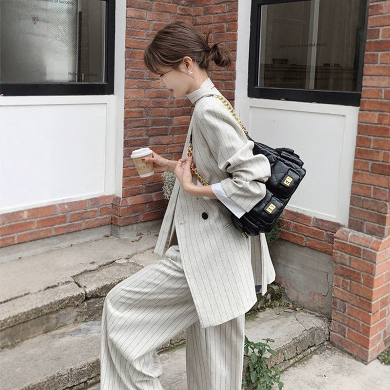 Hong Kong Style Retro Suit Set for Women, 2026 Spring and Autumn New Striped Blazer and Wide-Leg Pants Two-Piece Set Hong Kong Style Retro Suit Set for Women, 2026 Spring and Autumn New Striped Blazer and Wide-Leg Pants Two-Piece Set
