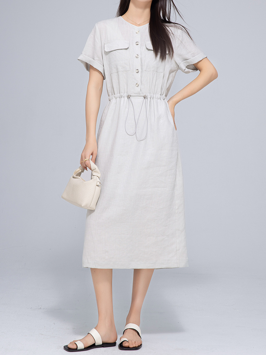 Váy maxi vải lanh nữ dáng rộng tay ngắn eo dây rút — Xanh ô liu