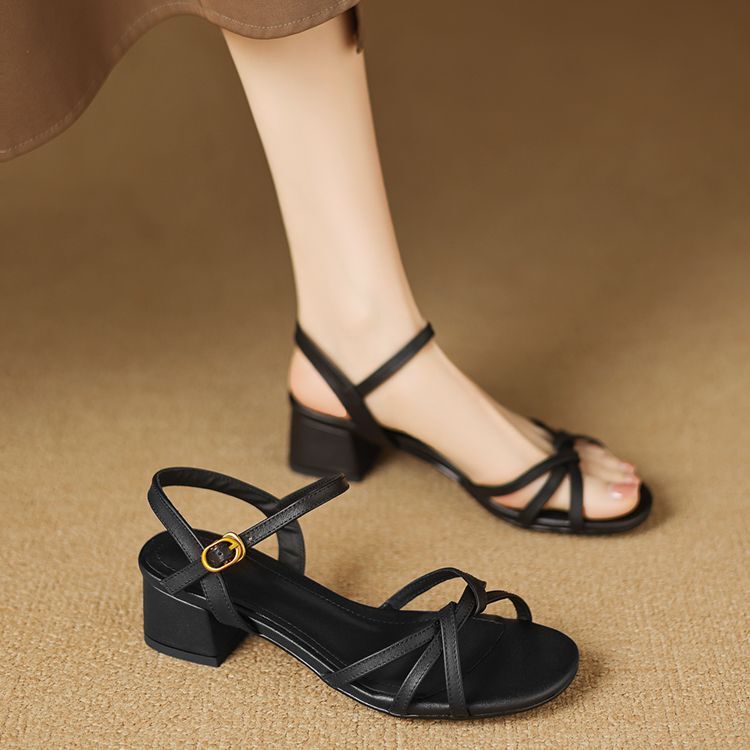 Chunky Heel Sandals for Women 2026 Summer New Style Open-Toe Mid-Heel Black Simple Versatile Stunning One-Strap Large Size Women's Shoes