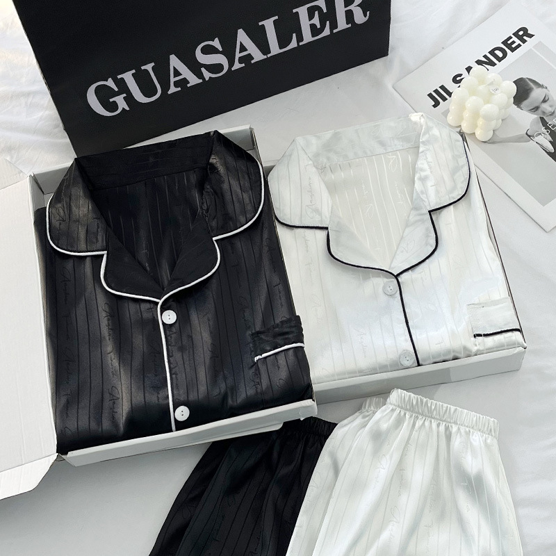 Pijamas de mujer de verano de seda de hielo de manga corta delgada de seda real de alto grado pata de gallo desgaste del hogar traje de hombre