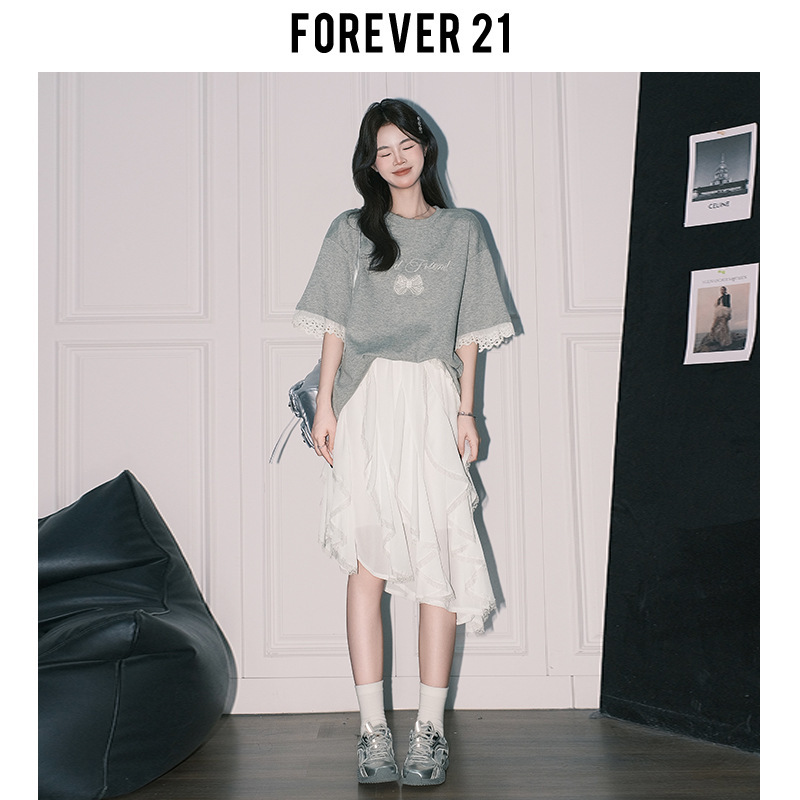 Forever21夏日A字不规则半身裙女白色高腰度假风蕾丝蛋糕短裙|undefined
