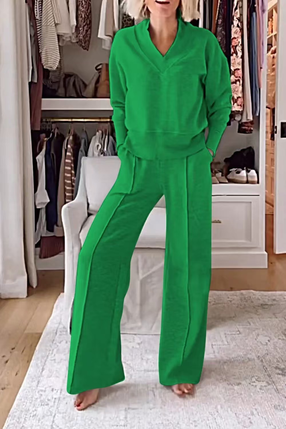 2026 Fall/Winter Cross-Border European And American New V-Neck Long-Sleeve Loose Solid Color Women's Fashion_ecoleips.com