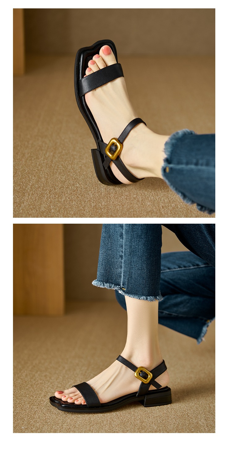Sandal quai ngang hở mũi vuông đế bệt khóa đơn giản cỡ lớn 34–43 — Màu nâu chi tiết 14