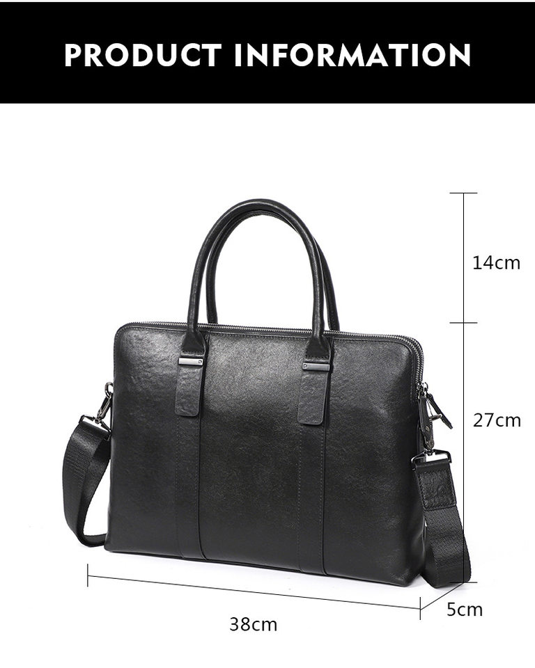 Túi xách tay nam công sở da bò thật hai ngăn khóa kéo, cặp mỏng đeo chéo một vai 39×7×29 cm — Màu đen chi tiết 8