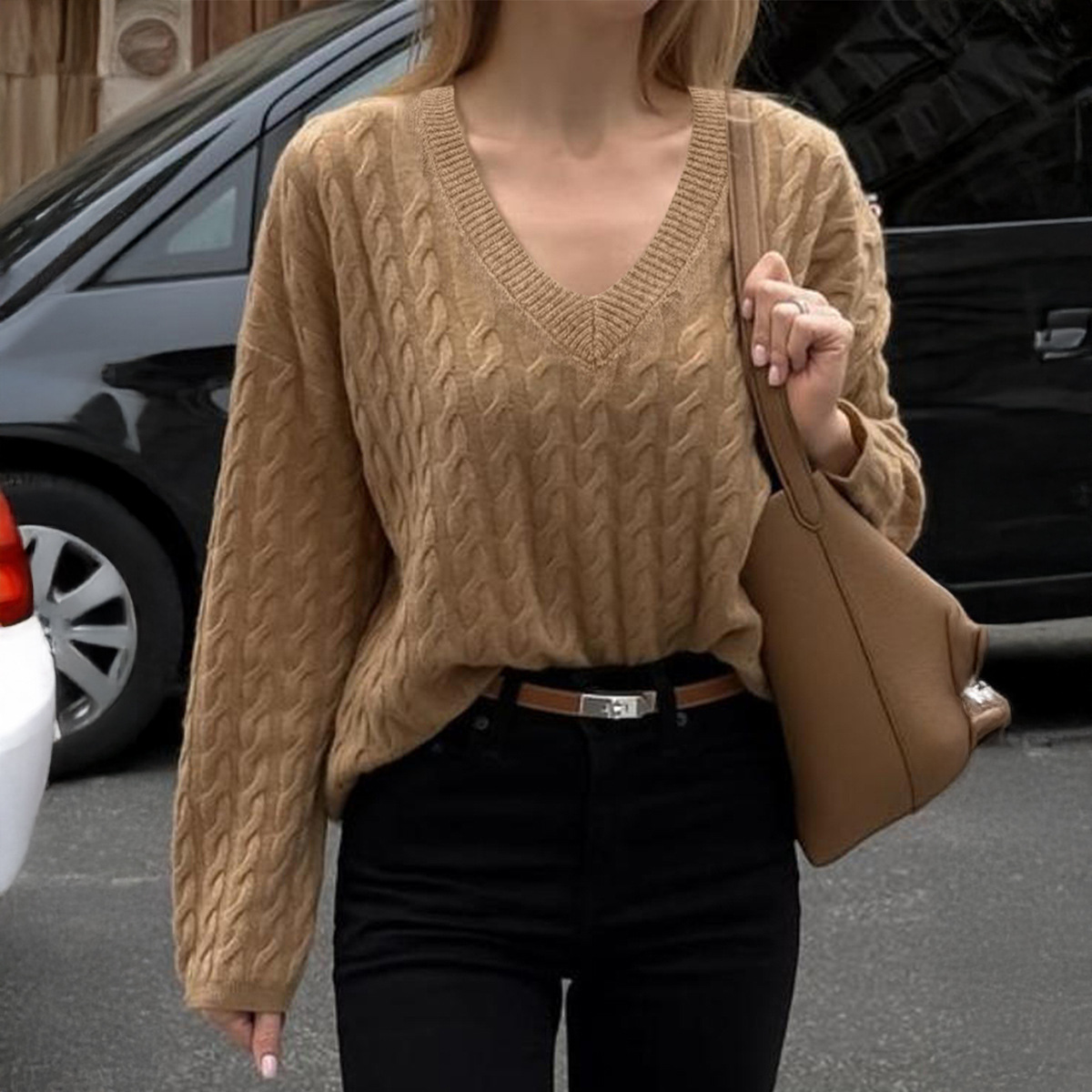 Kaikuo transfronterizo Europa y los Estados Unidos 2025 otoño y invierno lana perezosa viento V cuello cómodo color sólido casual universal suéter Amazon