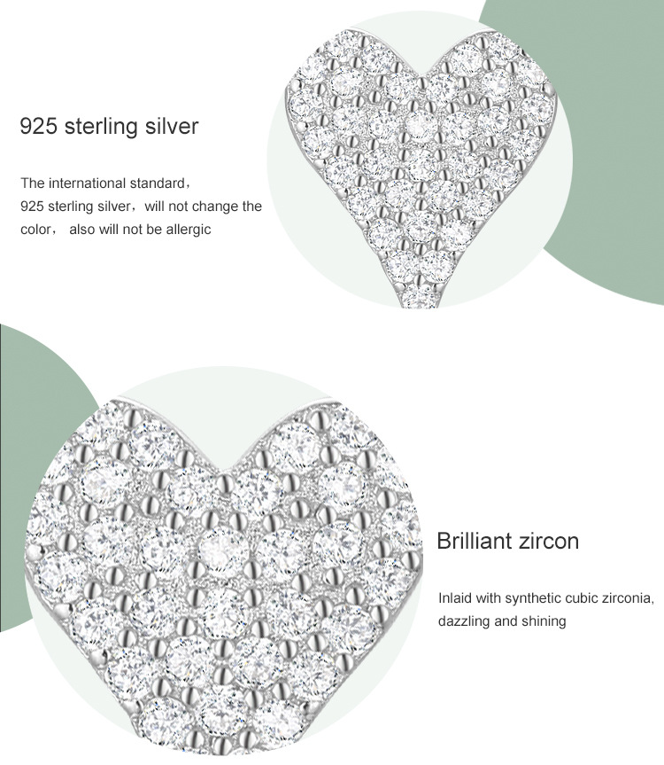 925 Sterling Silver Material 1 Pair 925 Sterling Silver Zircon Heart Shape Ear Studs