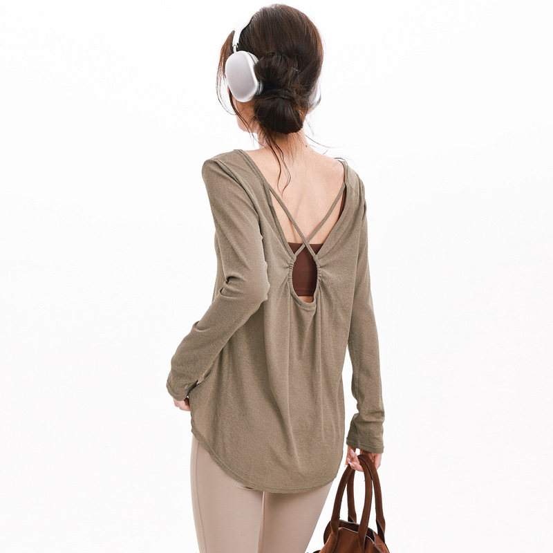 Run Kaka Back Hollow Thin Design Cross T-Shirt Long-Sleeved Top Women's Loose Lazy Yoga Wear