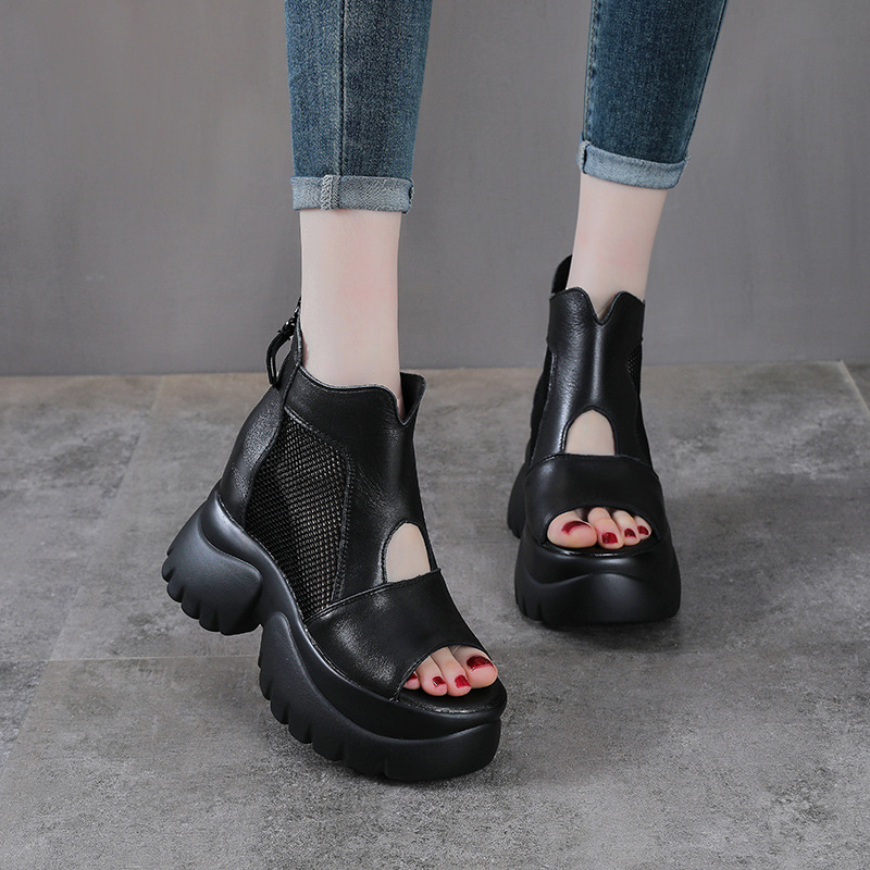 Sandal nữ hở mũi phong cách La Mã, đế xuồng cao, da thật, thoáng khí — màu đen