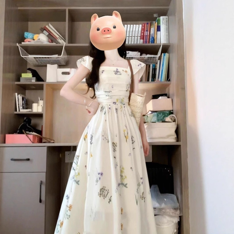 2025 新しい甘い女の子の小さなフライングスリーブ花柄スクエアネックドレス夏のハイウエスト痩身海辺休暇気質ロングドレス|undefined