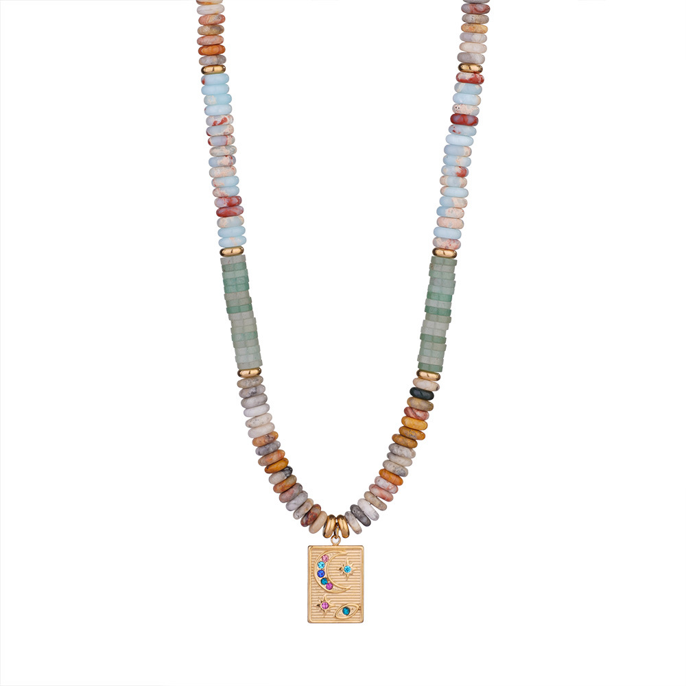 Square Pattern Spring&Summer Season Women's Gender Vacation Classic Style Square Natural Stone Titanium Steel Beaded Chain Necklace In Bulk
