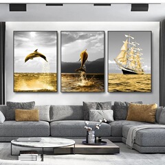 Light luxury modern high-definition home decoration painting triple golden sea dolphin sailboat oil painting spray painting cross-border supply