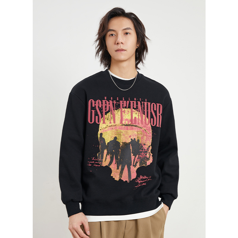 Also limited to men's clothing, American retro high street heavyweight round neck hoodie, men's autumn new loose and trendy brand printed pullover