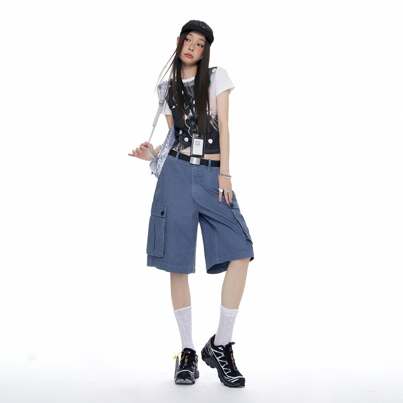 ｜Xsd【New Product】！2026 Summer｜American Retro Distressed Mid-Length Pants, Loose Trendy Wide-Leg Cargo Pants