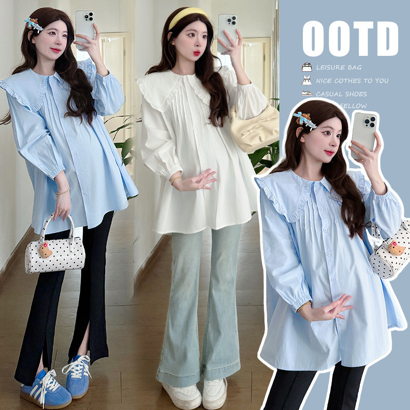 Maternity Wear 2025 Early Autumn New Style Cute Doll Collar Age-Reducing Versatile Shirt Top with Buttons for Breastfeeding