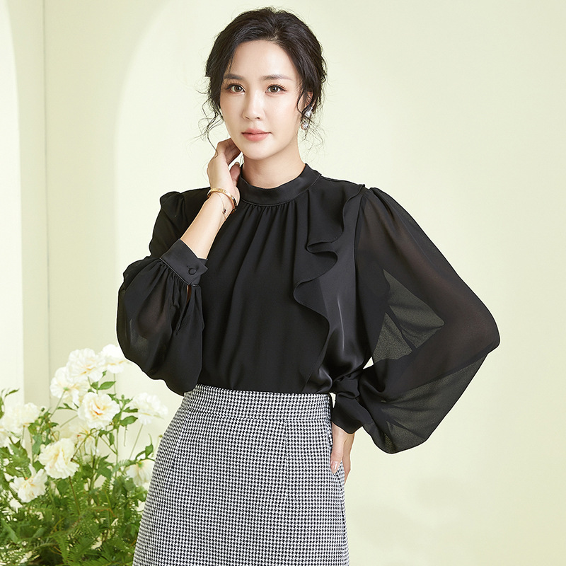 2025 Autumn New Women's Fashion Stand Collar Long Sleeve Straight Chiffon Shirt Solid Color Patchwork Elegant Commuter Chiffon Blouse for Women