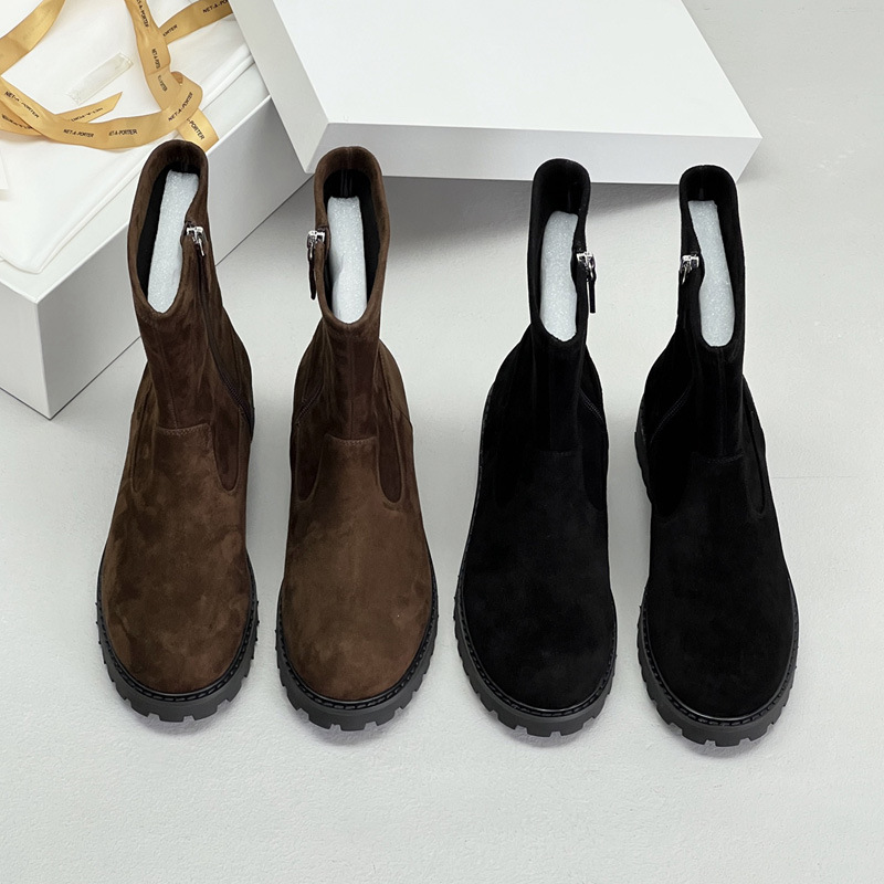 贵货！欧美小众极简ROW风真皮女短靴厚底增高侧拉链圆头时装靴子