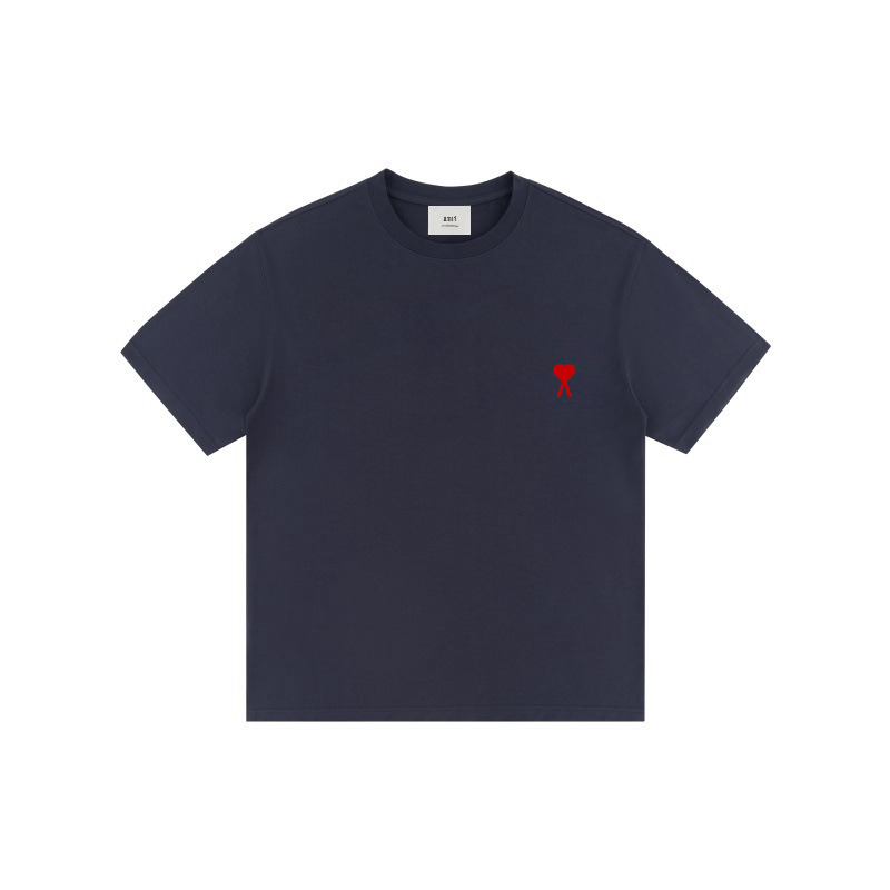AMI&EASY 正しいバージョンのクラシックな小さな愛の刺繍半袖 Tシャツメンズ夏のトレンディなブランドルーズカジュアル多用途 Tシャツ|undefined