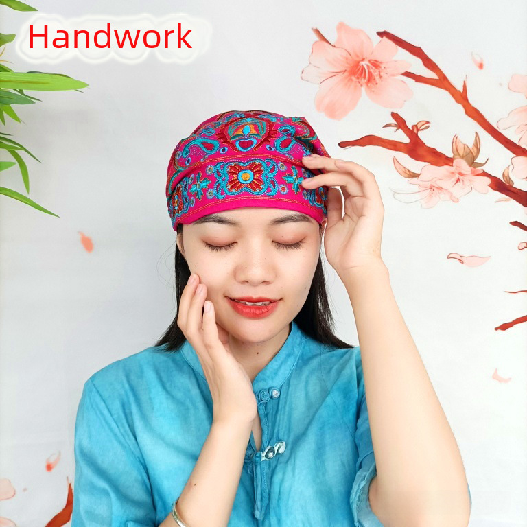 Etniskā stila Four Seasons jauna audekla izšuvuma tukša cilindriska cepure ceļojumu foto elastīga regulējama galvassega dāmu cepure_voghion.com