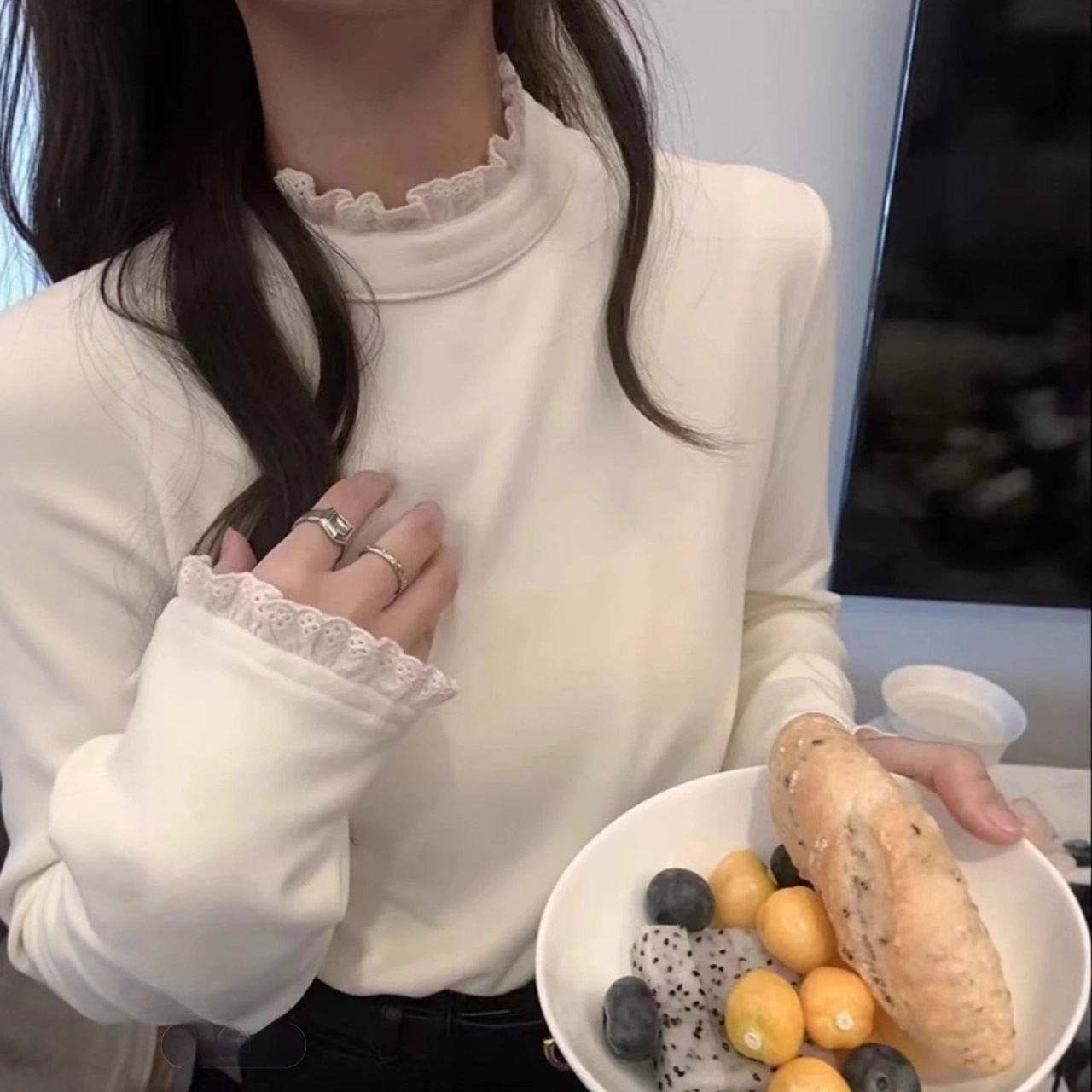 251012-144  双面澳绒加厚！高品爆款系列  半高领蕾丝花边打底衫