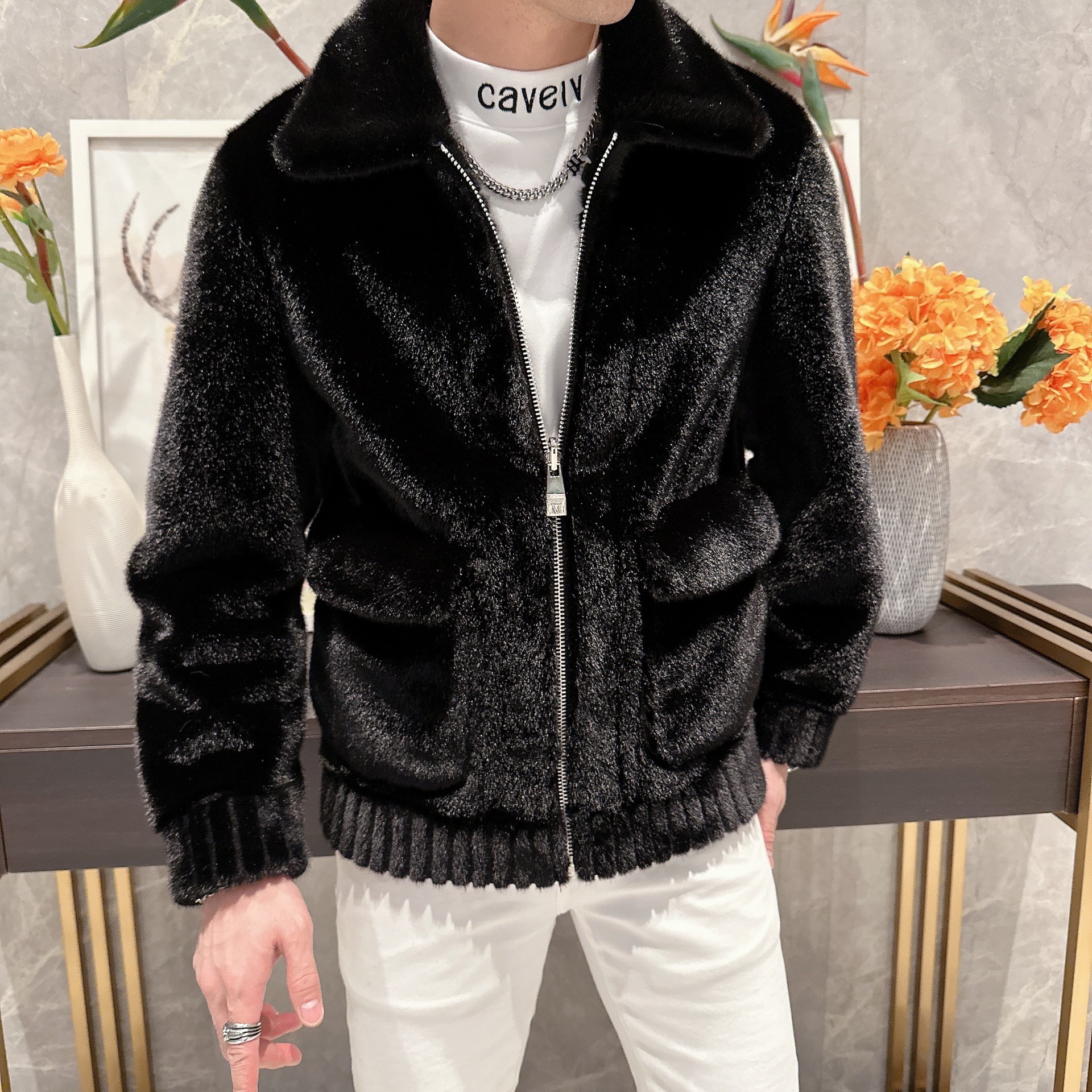 Double-sided Gold Mink Fur Jacket Men's Winter Fashion Faux Fur