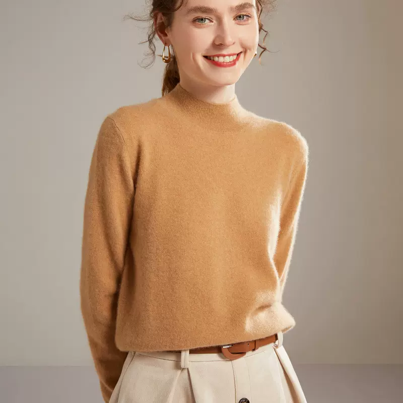 全羊绒 半高领100羊绒衫女套头基础款23秋冬新款宽松针织打底毛衣