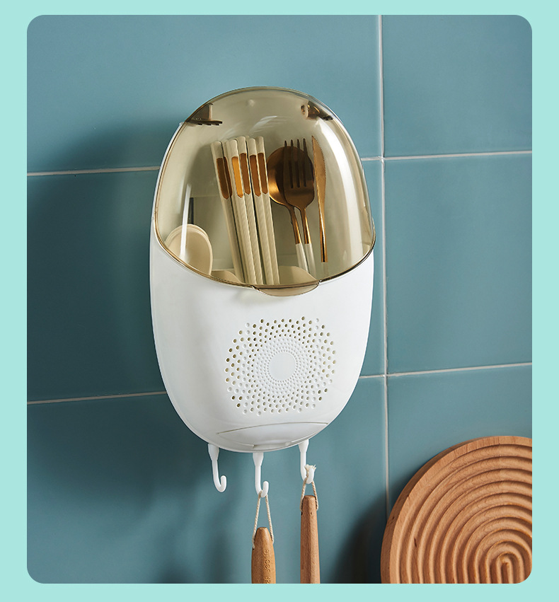 H&oacute;ngyu&egrave; Household Kitchen Drainage Chopsticks Holder Wall-mounted Dustproof and Insect-proof Spoon Fork Storage Box with Bottom Hooks