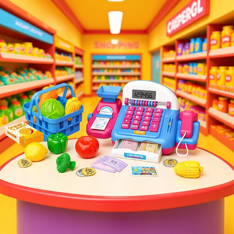 Simulación transfronteriza de supermercado infantil caja registradora de compras juegos de bebidas de frutas y verduras escanear tarjeta deslizante caja registradora juguetes caseros