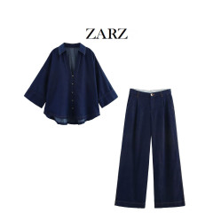 ZARZ 自家製ヨーロッパとアメリカンスタイルの新しい女性のワイドスリーブデニムシャツワイドレッグハイウエストジーンズ 2881781