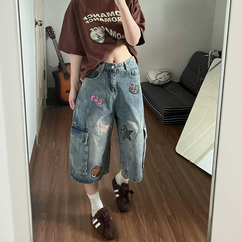 2026Kitty Cat Patchwork Embroidered Work Shorts for Women, New Summer Style, Vintage Washed Multi-Pocket Denim Shorts 2026Kitty Cat Patchwork Embroidered Work Shorts for Women, New Summer Style, Vintage Washed Multi-Pocket Denim Shorts