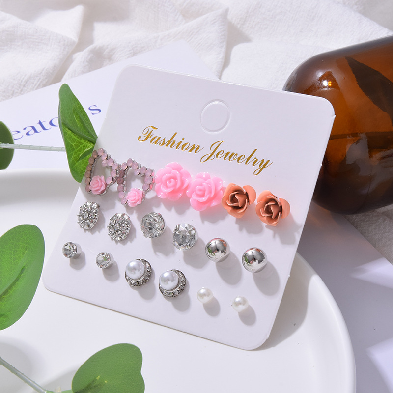 Fashion Love Flower Personalized Pearl Rhinestone 9 Pairs Of Earrings Set display picture 3